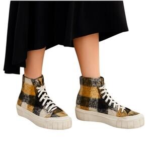 Good News Wool Plaid Print High Top Sneakers Yellow Platform Women’s Size 7
